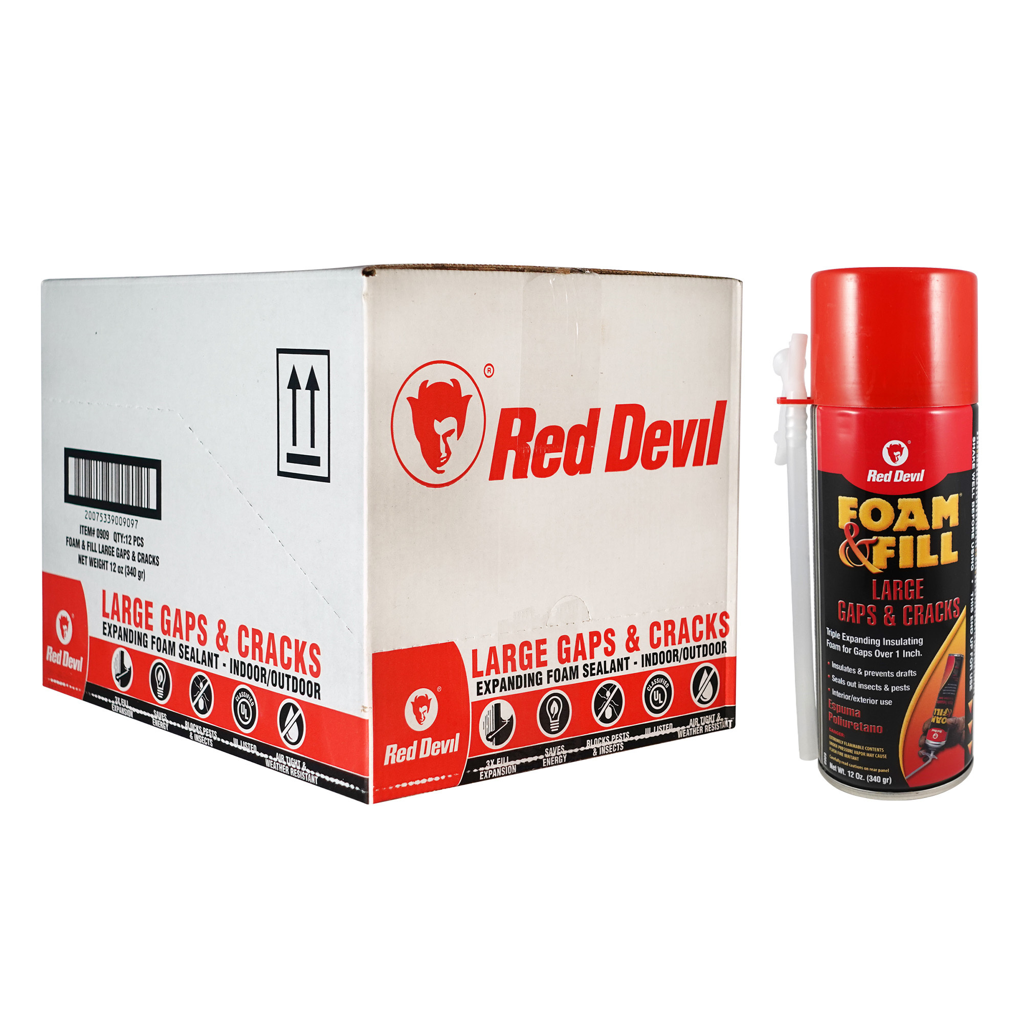 Red Devil, Foam & Fill Large Gaps & Cracks Expanding Polyurethane Sealant, 12 oz, Off-White, Case of 12, Model # 0909.